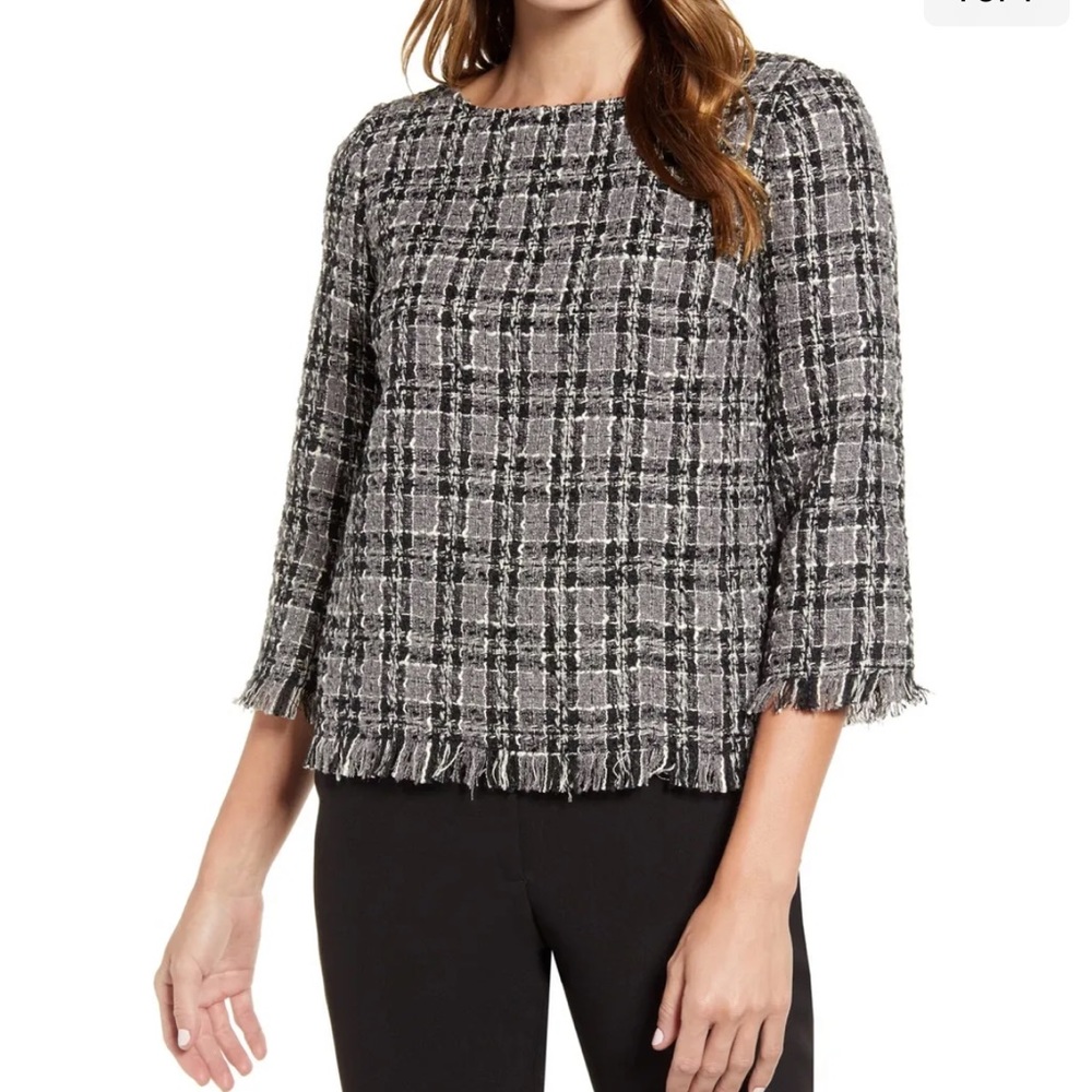 Anne Klein Womens fringed plaid jewel neck top size L